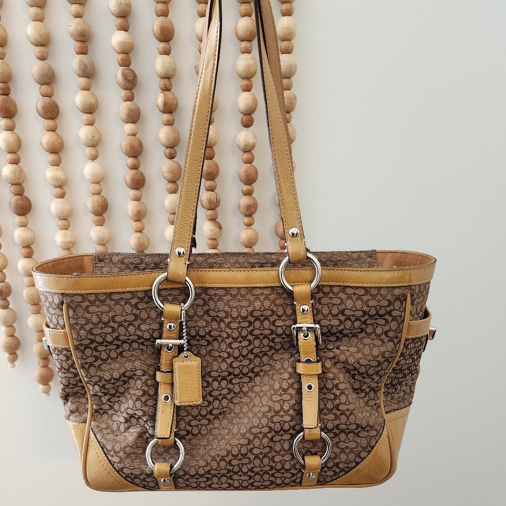 COACH Signature Gallery Pattern Canvas & Leather Tote Jacquard Tan Vintage